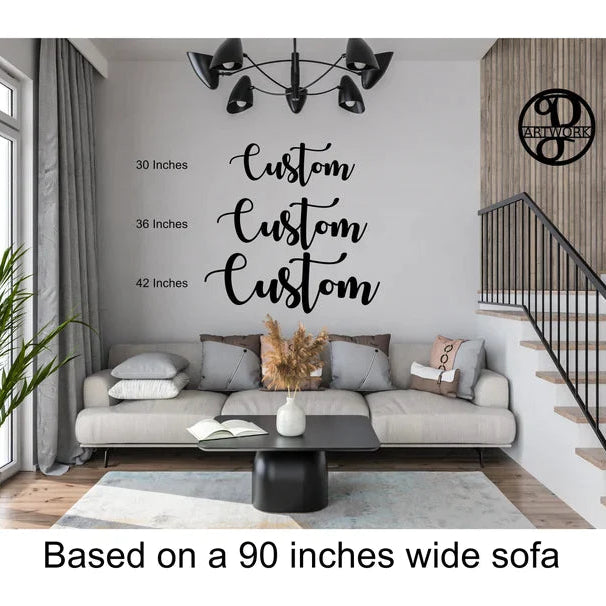 Custom wood sign scale guide showing 30, 36 and 42 inch wide signs above a 90 inch sofa