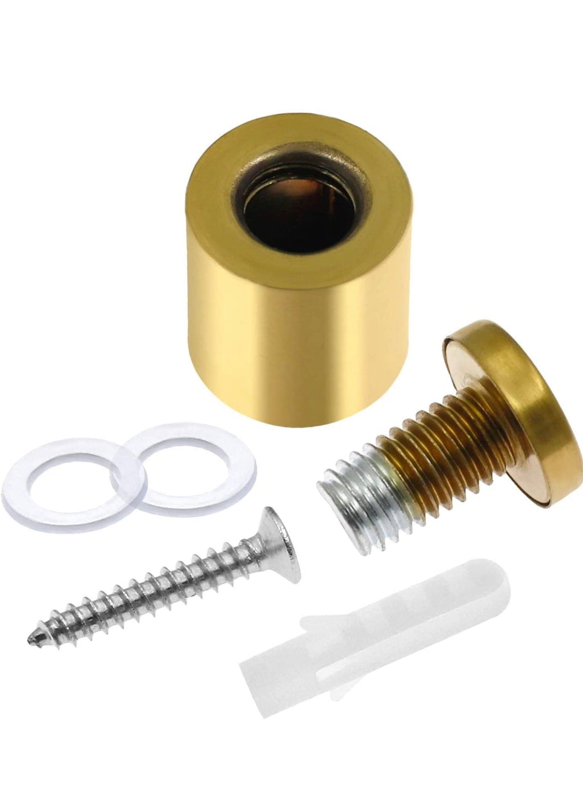 Gold standoff kit for a straight corner acrylic frame including barrel, cap, screw, washers and drywall anchor